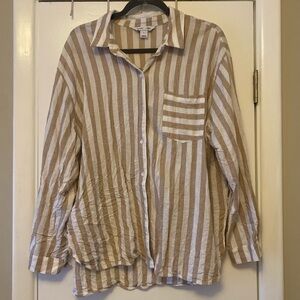 Tan and white striped button-up shirt!